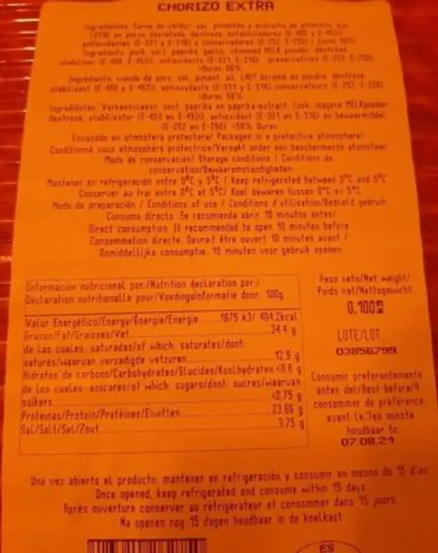 Chorizo nutrition facts table