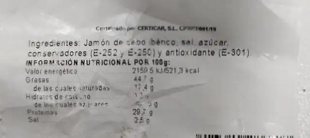 Jamón de cebo ibérico nutrition facts table