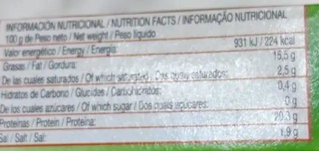 Sardinas nutrition facts table