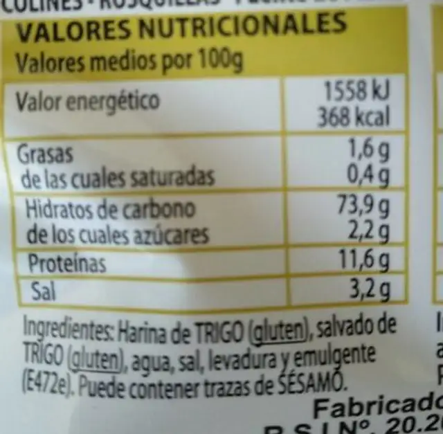 Rosquillas nutrition facts table