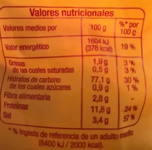 Rosquillas traditional nutrition facts table