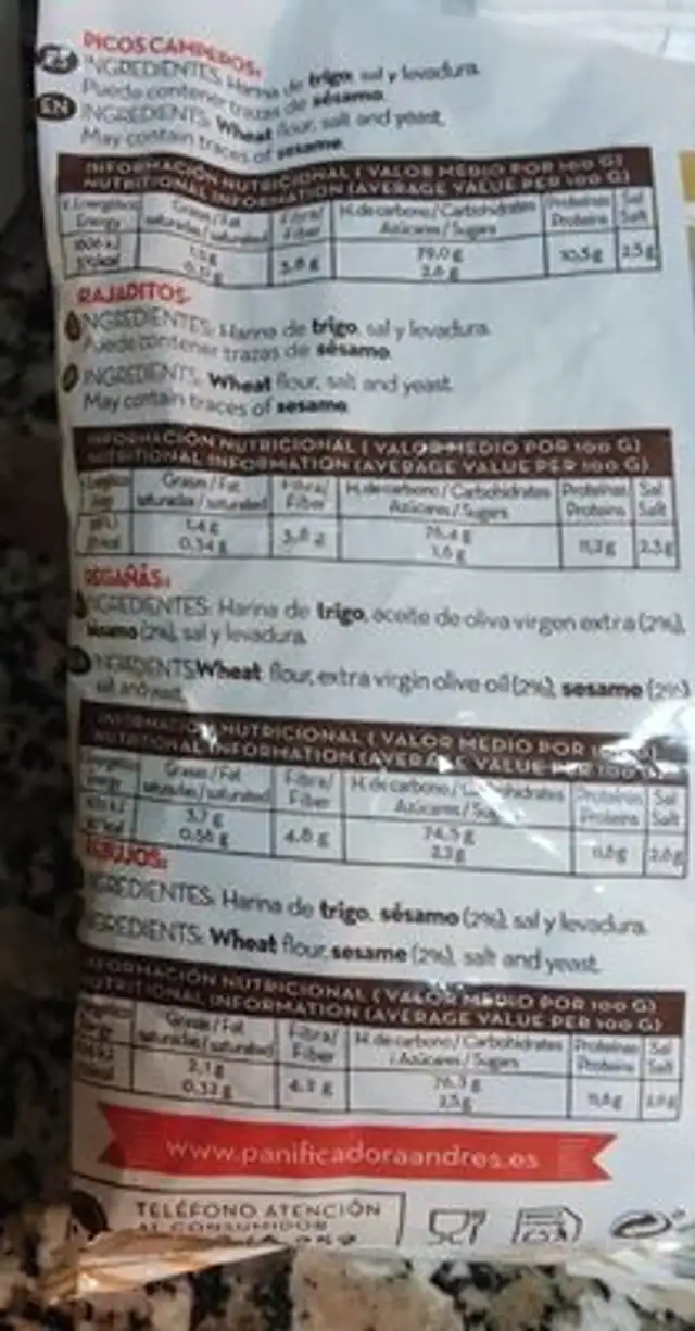 Rebujos de pan nutrition facts table