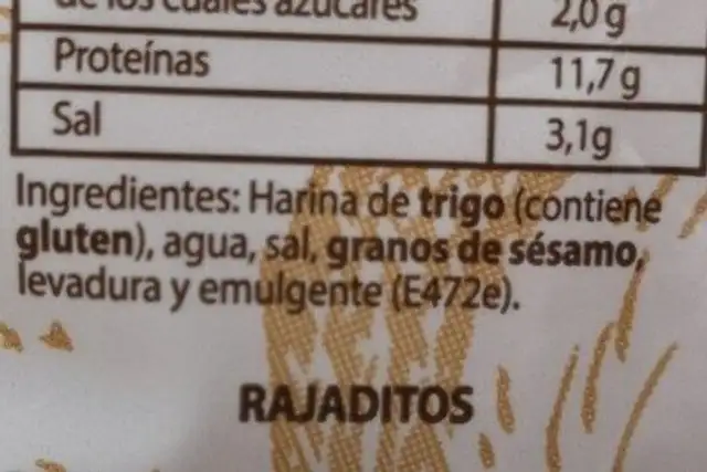 Regañas ingredients label