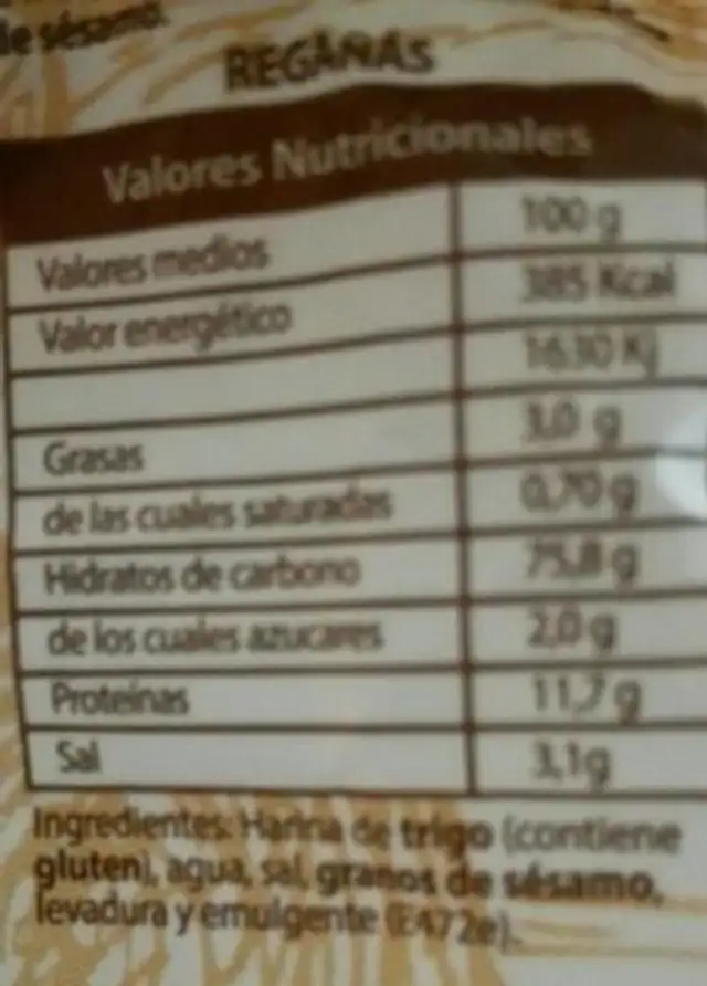 Regañas nutrition facts table