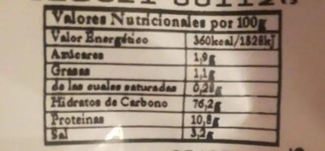 Andrés panificadora nutrition facts table