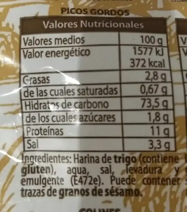 Picos de pan nutrition facts table
