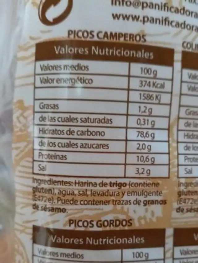 Picos camperos nutrition facts table