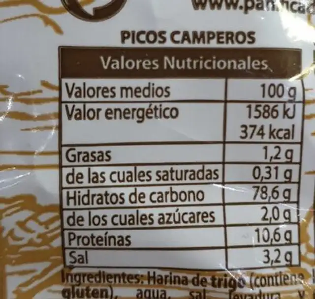 Pan Cristal nutrition facts table