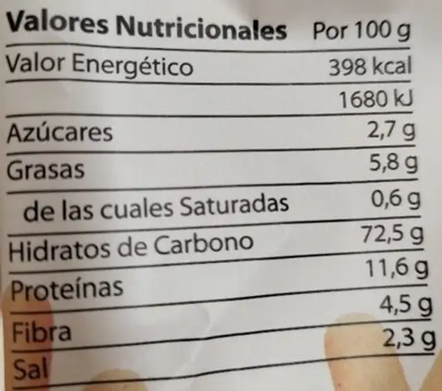 Picos de pan de cristal ingredients label