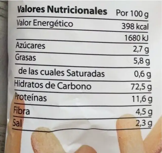 Picos de pan de cristal nutrition facts table