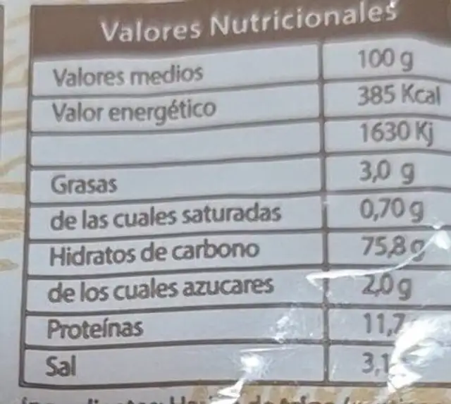 Regañaitas nutrition facts table