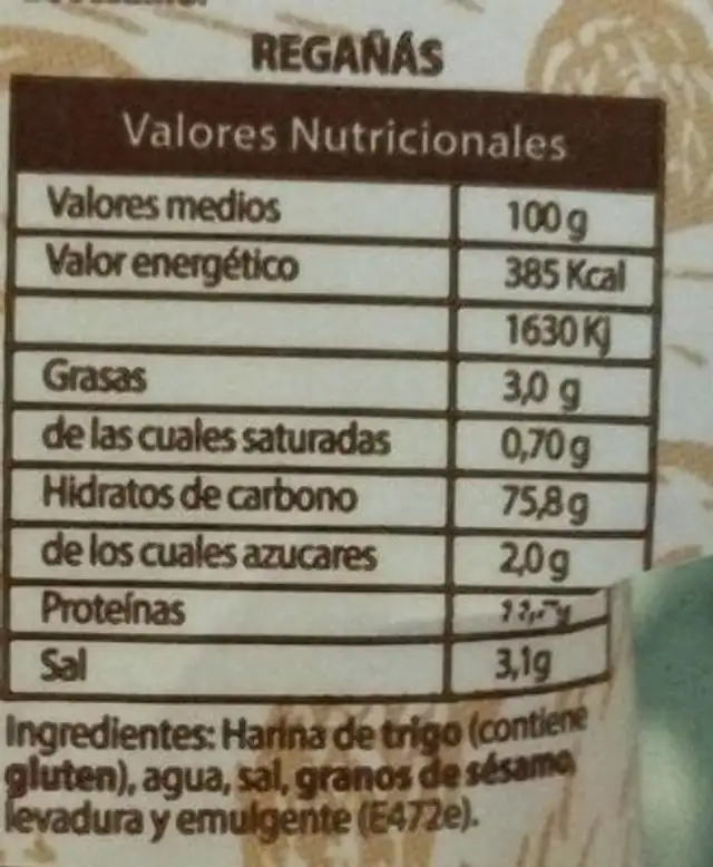 Regañas nutrition facts table