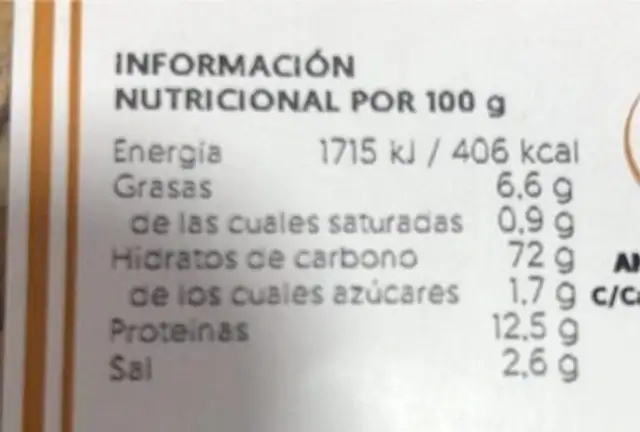 Picos integrales 100% nutrition facts table