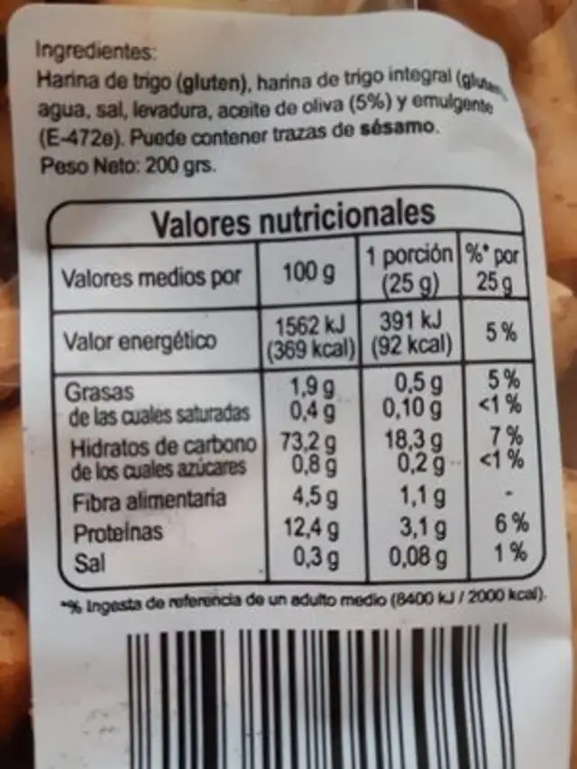 Mini colines integrales nutrition facts table