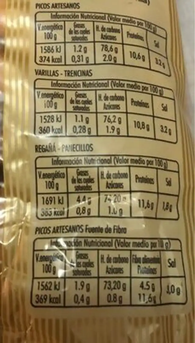 Especialidades artesanas nutrition facts table
