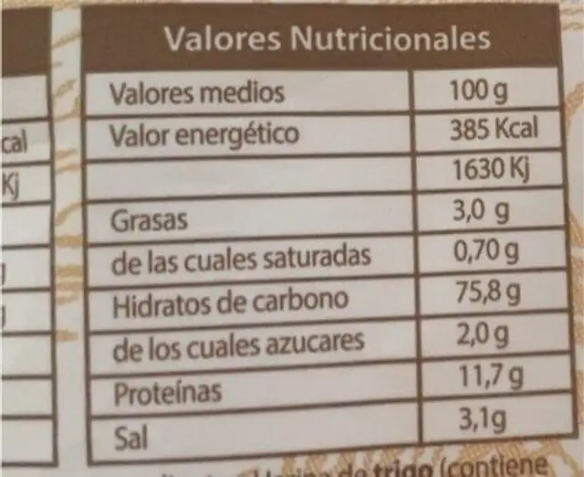 Regañá nutrition facts table