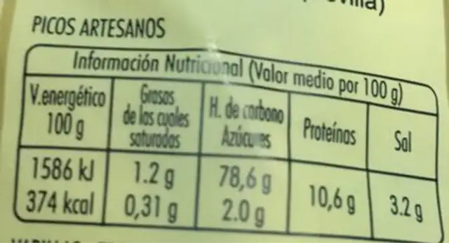 Picos artesanos nutrition facts table