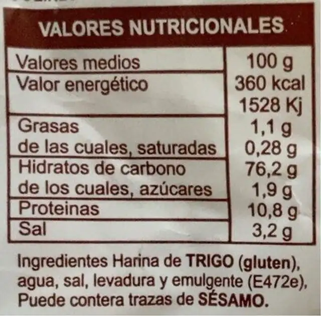 Picos Artesanos nutrition facts table