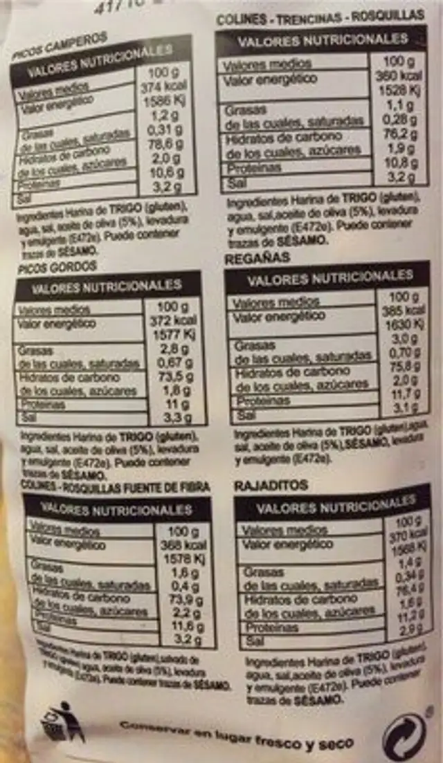 Especialidades Artesanas (Colines) nutrition facts table