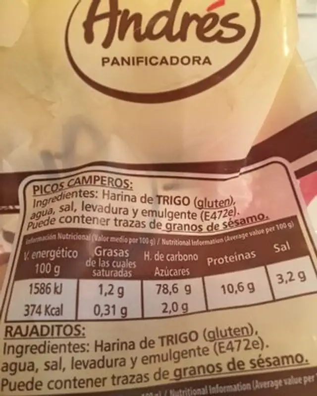 Panificadora ingredients label