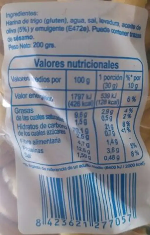 Rosquillas artesanas nutrition facts table