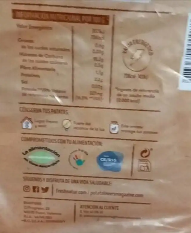 Patatas nutrition facts table