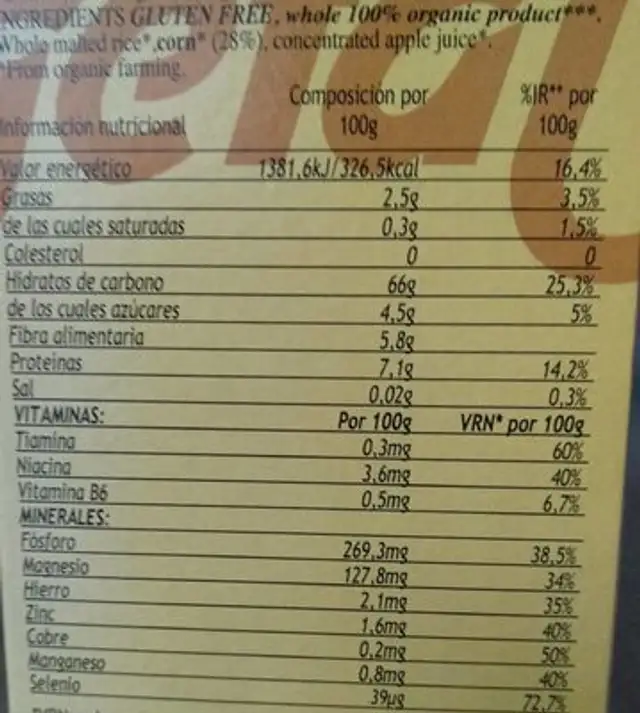 Dulce de maiz nutrition facts table