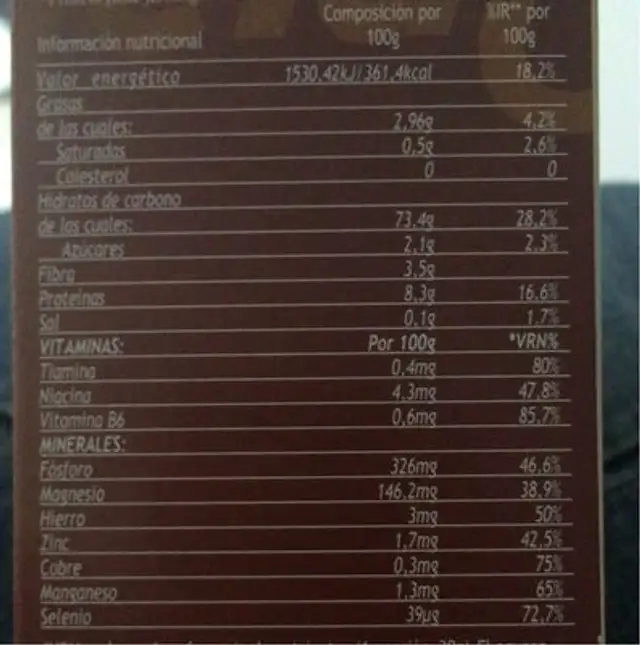 Cereal nutrition facts table
