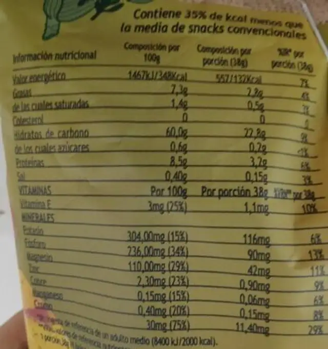 Snacks de Maiz al Romero nutrition facts table