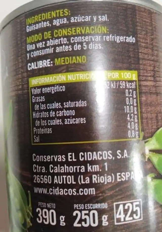 Guisantes extra nutrition facts table