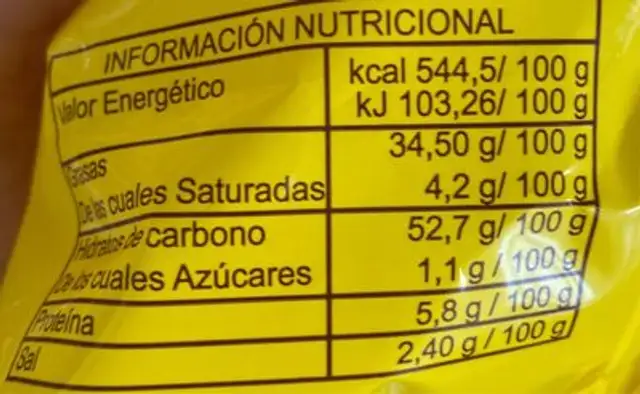 Patatas fritas Revilla nutrition facts table