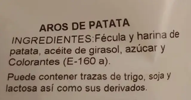 Aros de patata nutrition facts table