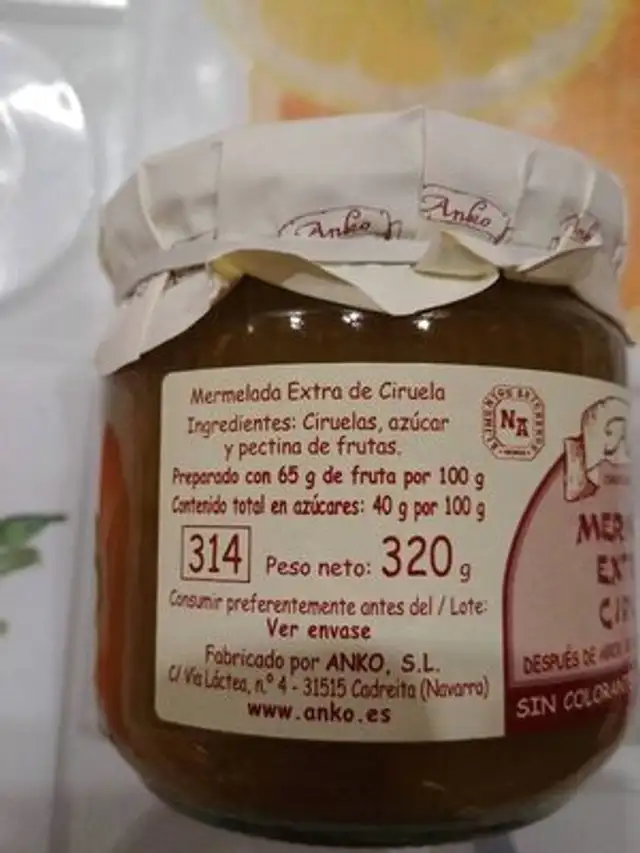 Mermelada extra de ciruela ingredients label