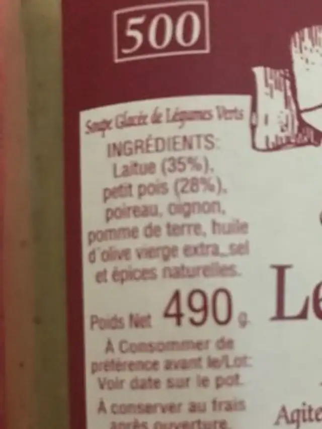 Soupe glacee legumes verts ingredients label