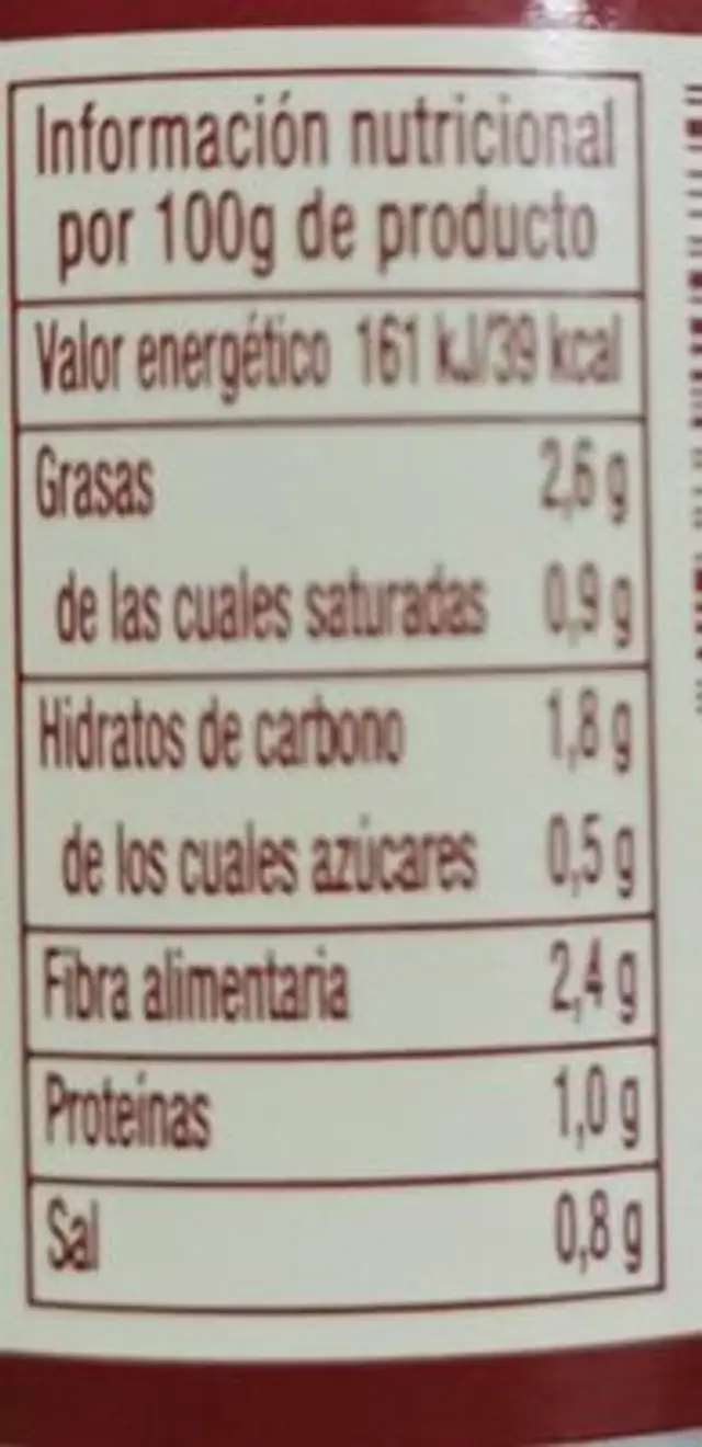 Crema de Champiñon nutrition facts table