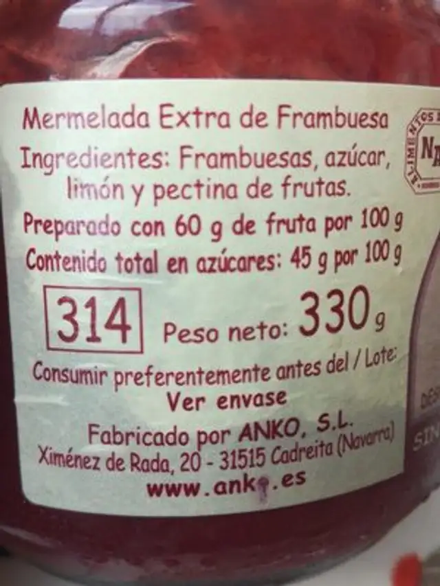Mermelada Extra De Frambuesa ingredients label