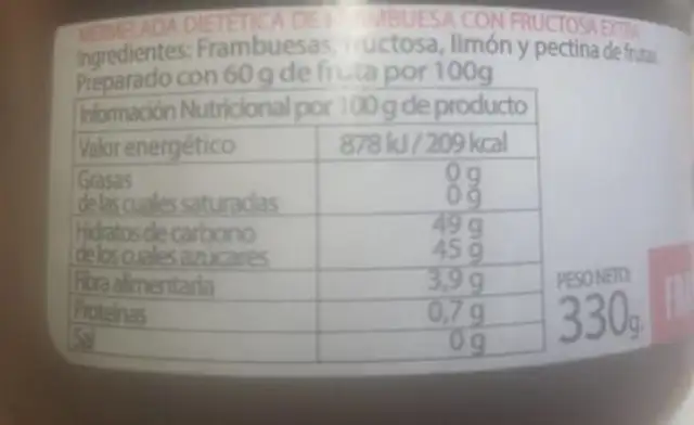 Mermelada dietetica nutrition facts table
