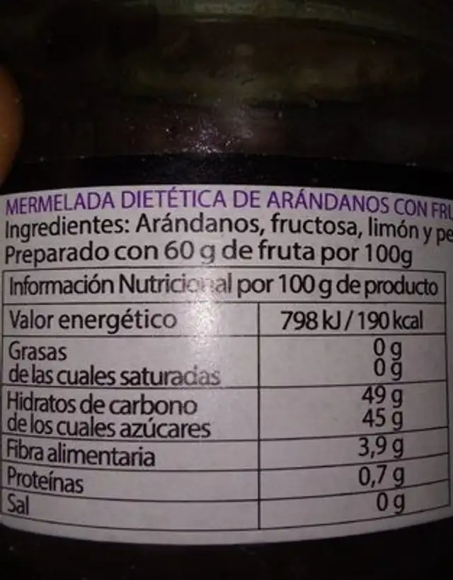 Mermelada Dietética arándanos con fructosa extra nutrition facts table