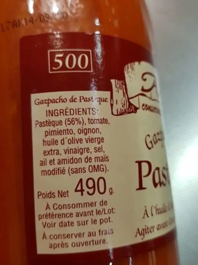 Gaspacho de pastèque ingredients label