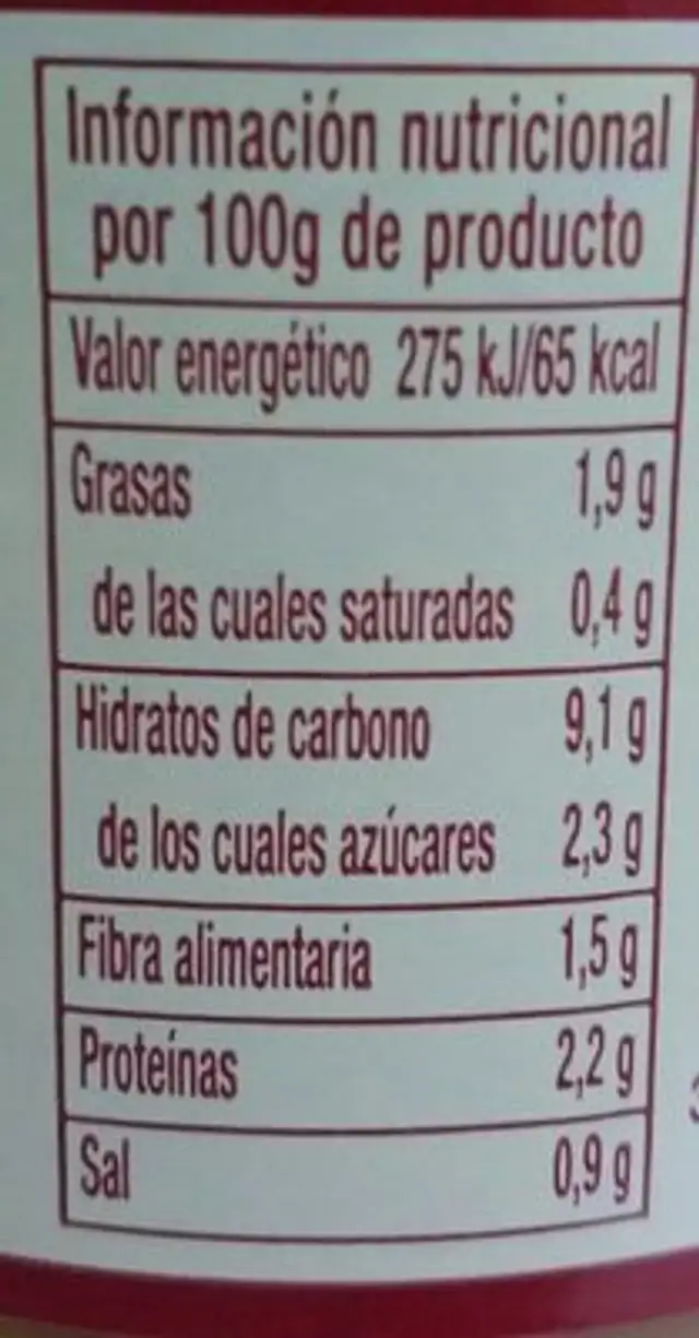 Crema de lentejas con verduras nutrition facts table
