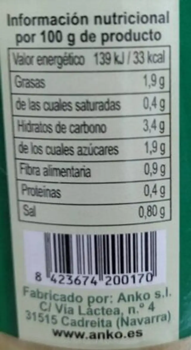 Crema ecológica de puerro nutrition facts table