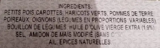 Velouté de légumes ingredients label