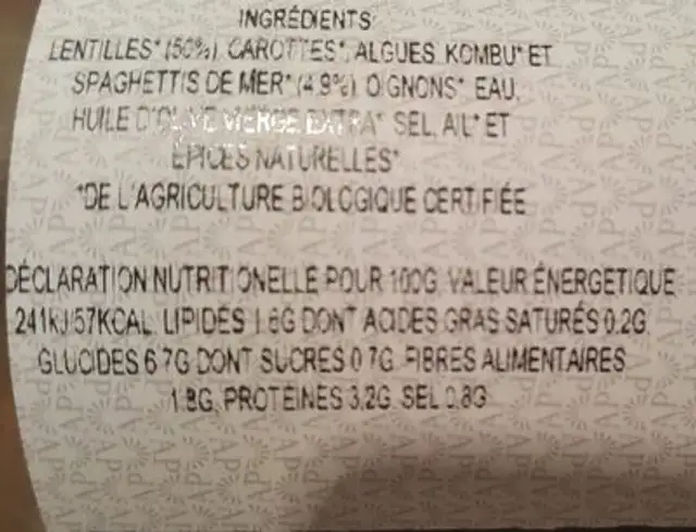 Velouté Bio Lentilles ingredients label