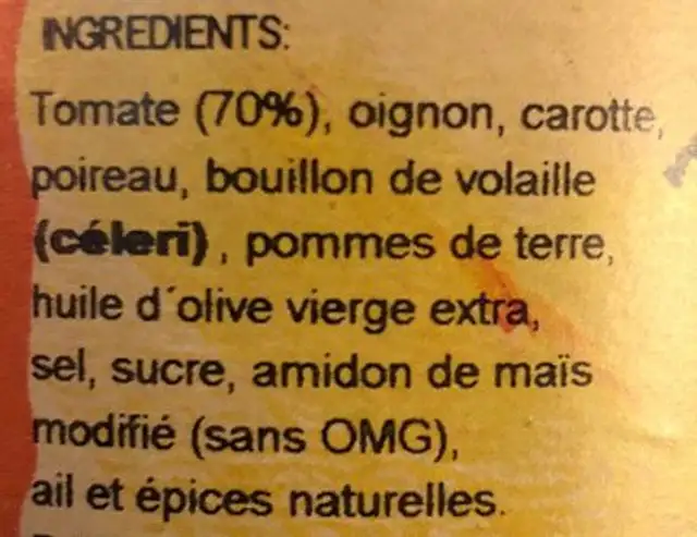 Velouté de tomate ingredients label