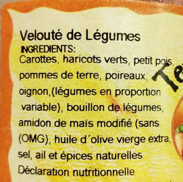 Volonté de légumes ingredients label