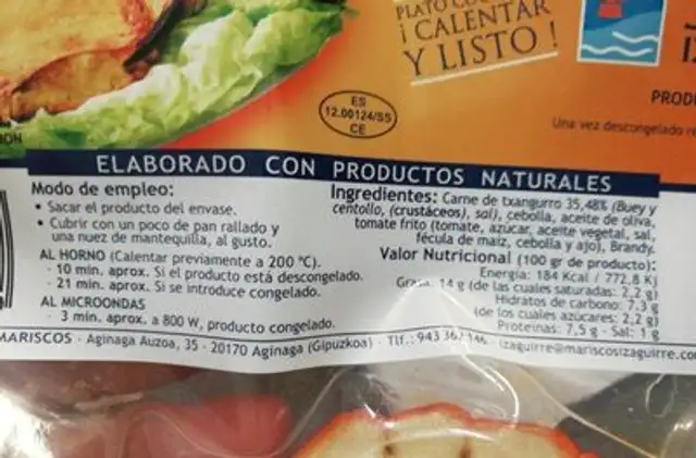 Txangurro relleno nutrition facts table