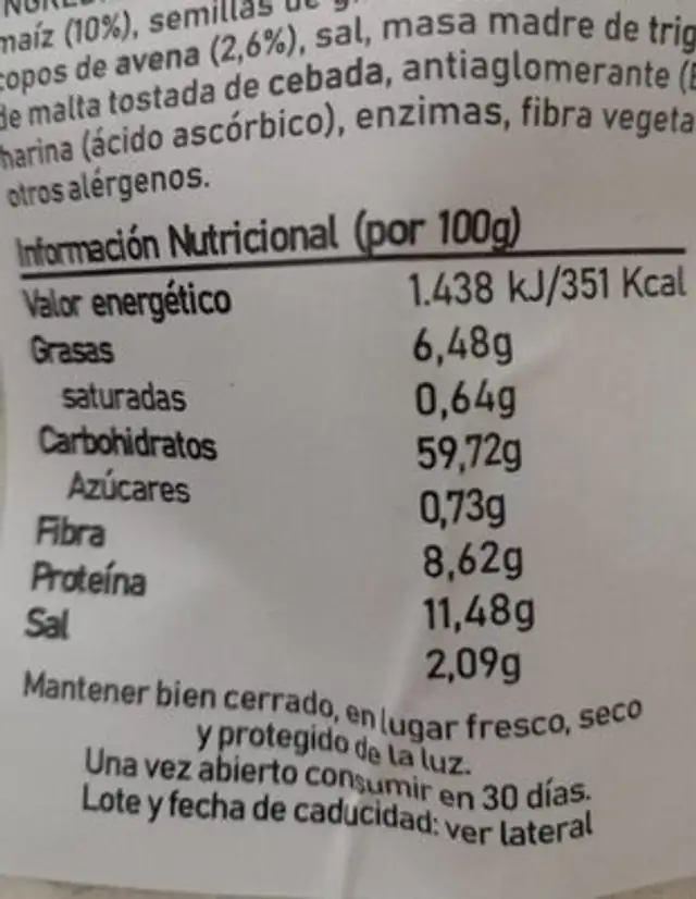 Pan en casa nutrition facts table