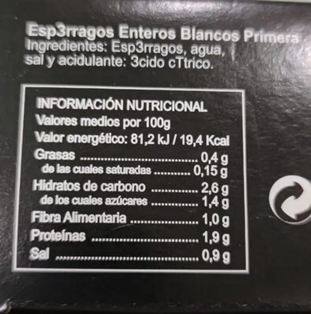 Espárragos nutrition facts table