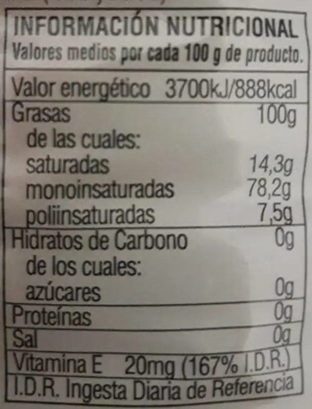Aceite de Oliva Virgen Extra nutrition facts table