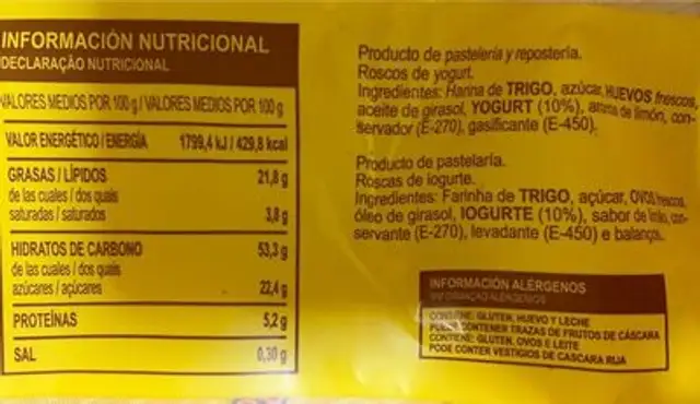 Bizcocho de yogurt nutrition facts table
